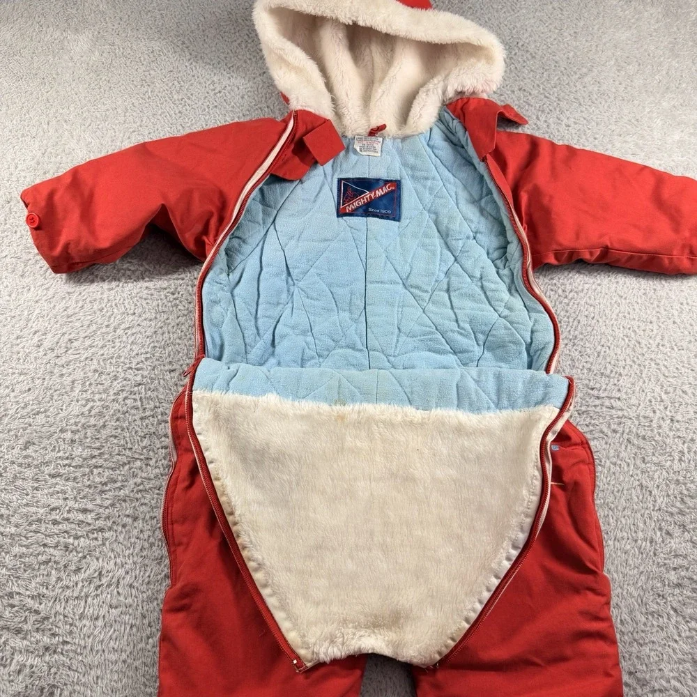VINTAGE 80s Mighty Mac Baby Snow Suit 18 Months Red Teddy Bear Party Fur Lined